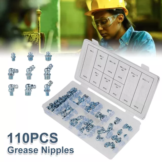 110 Pcs Grease Nipple Fittings Kit Straight 45-Degree 90-Degree Angled sdWyg