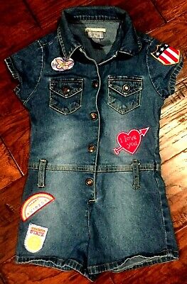 Girls Size 5 One Piece Denim Shorts Outfit With Patches VINTAGE