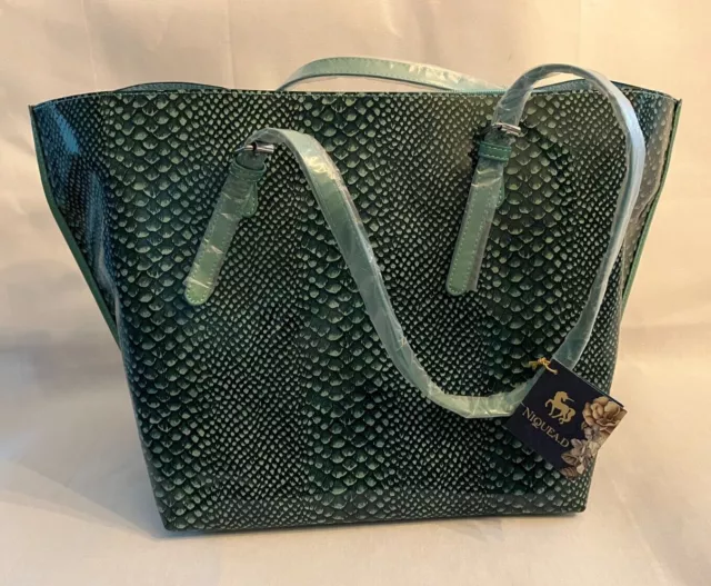 NIQUEA.D PAPYRUS, Green Vinyl Faux Snakeskin Tote w Ultra Suede Interior, NWT