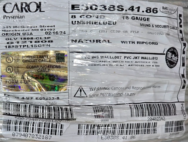 Cavo Audio E Controllo Carol E2208S – 8 Conduttori Da 18 AWG, Lunghezze Da 50 A 300 Piedi, Nuovo