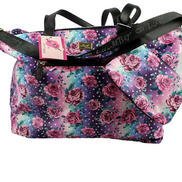 Luv Betsey Johnson Multi Floral Print Overnighter Travel Bag Matching Wristlet