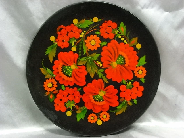 Plateau JOSTOVO Russie Peint Main - Métal Noir Fleurs Laqué Signé - Neuf
