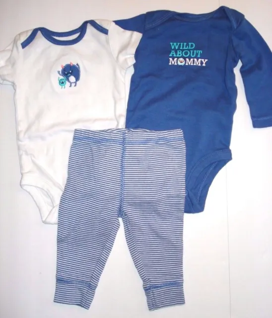 Carters Infant Boy Monster 3-Piece Outfit 2 Shirts Pants Blue Baby 3 Months PRE