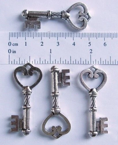 25 Large Antique SILVER Brass Heart KEY CHARMS 1.75" Long ~ StEAmpUnk Idea ! !