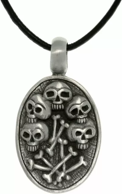 Jewelry Trends Pewter Skulls and Bones Pendant with Black Leather Cord Necklace