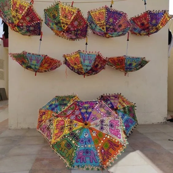 Indian Beautiful Rajasthan Umbrellas Mirror Work Elephant Decor.