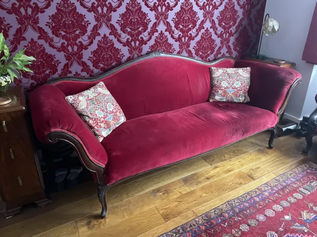 Vintage Redcurrant Velvet Long 3 Seater Sofa With Dark Carved Hardwood Frame