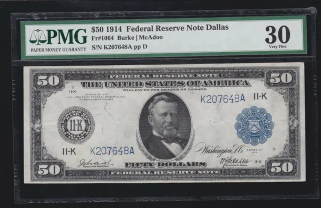 US 1914 $50 FRN Dallas FR 1064 PMG 30 VF (648)
