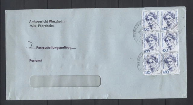 Bund BRD 1992 6 x Mi 1614 MeF Brief Postzustellungsauftrag  6-er  Block Frauen