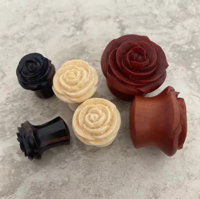 Pair - Organic Wood Carved Rose Flower Double Flared Plugs Ear Gauges (2G-25Mm)