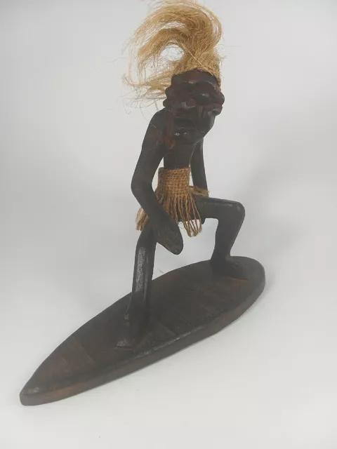 Wood  Primitive  Surfing Tribal Statue Tiki Figurine Hand Carved Grass Skirt