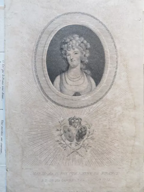 Gravure Portrait Reine Marie Antoinette Bourbon Royaliste Blason Louis Xvi 1805