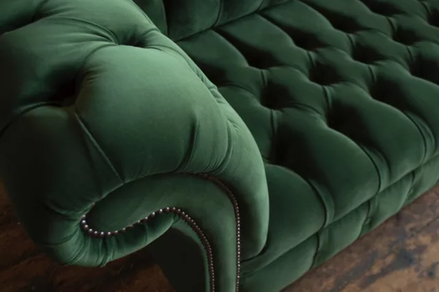 Handmade 3 Seater Bottle Green Velvet Fabric Chesterfield Sofa Style Couch 3