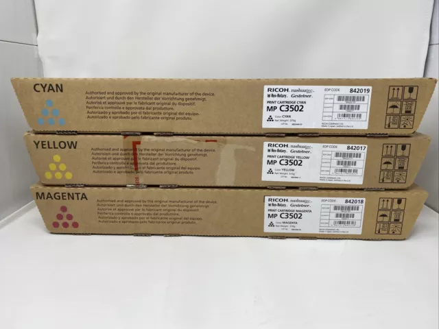 Genuine Ricoh 842017 842018 842019 Cyan Magenta Yellow Toner Cartridges MP C3502