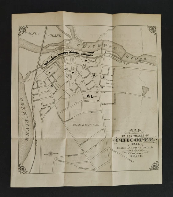 1875 antique VILLAGE of CHICOPEE ma MAP foldout likely from directory