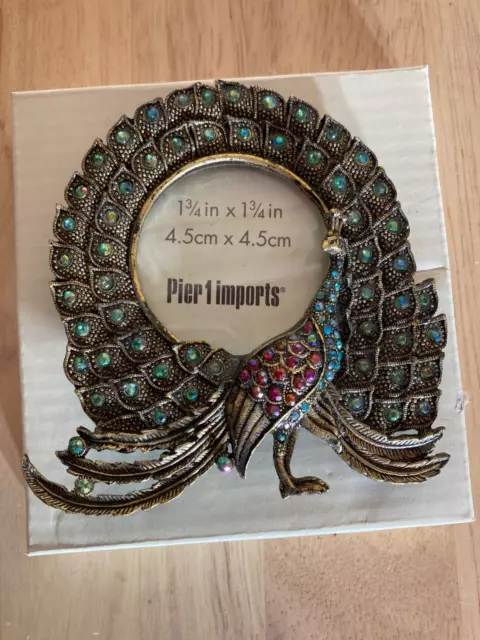 Pier 1 Imports 1 3/4 x 1 3/4 Peacock  Metal Rhinestones Desk Picture Frame