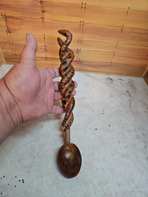 Hand Carved Wooden Spoon; Two Snakes