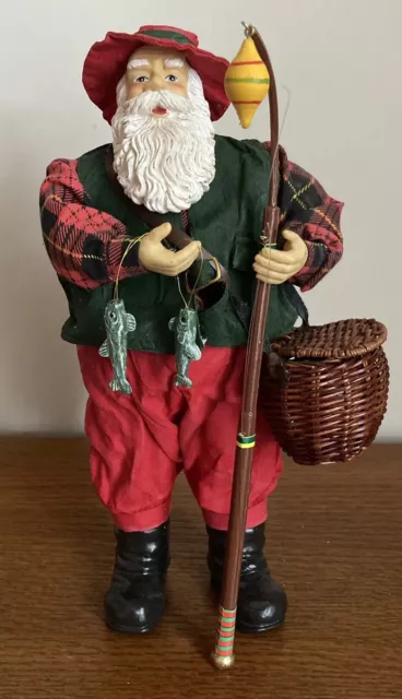 Fishing Santa Claus Figurine Fishing Pole Fish Basket by Terrys Village