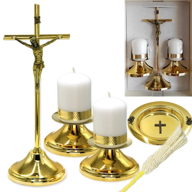 WEIHNACHTEN GOLD FARBE GARNITUR Kreuz Kerzenhalter Kerzen Weihwasserschale