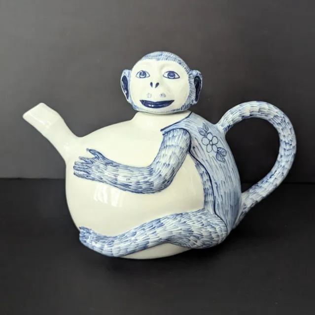 Vtg Blue And White Chinoiserie Monkey Teapot Grandmillenial Style Made In Taiwan