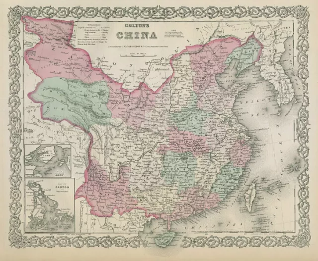 Colton's China. Decorative antique map. Canton Hong Kong Macao inset 1869