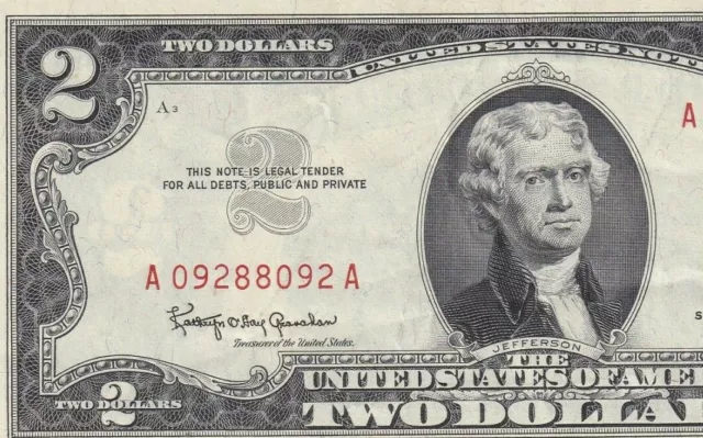 A10607156A 1963 Two Dollar Legal Tender Note,Red Seal In Excellent Condition