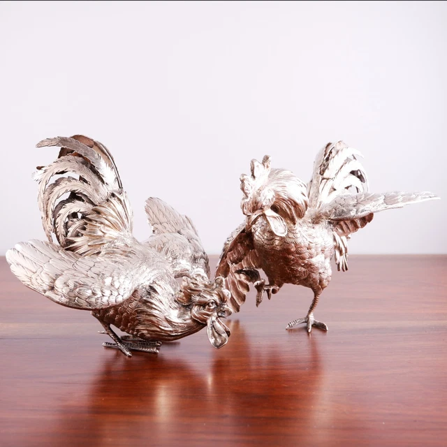 2 Gallos De Lucha Estatuas De Plata Esterlina Israel Segalov Inglés/Alemán Hanau