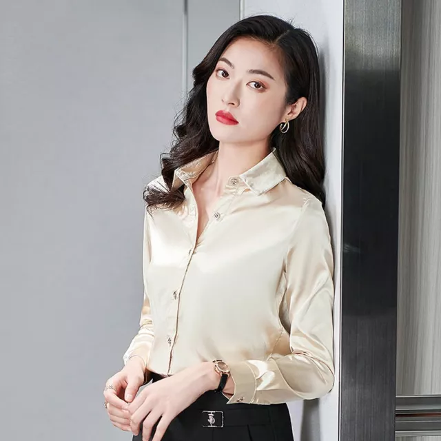 Office Lady Plain Satin Shirt Blouse Slim Fit Silky Long Sleeve Button Down Top