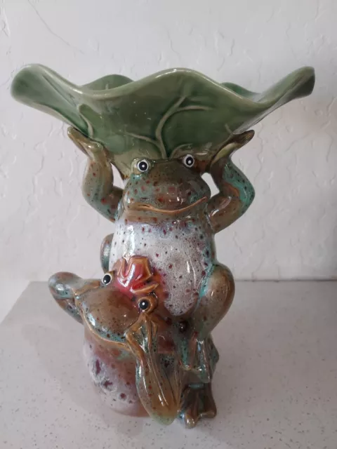 Vintage Majolica like Frog Holding Lily Pad 12" Serving Dish