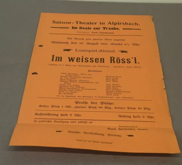 Werbeplakat Saison-Theater Schiltach, 16.8.1911, Lustspiel "Im weissen Röss'l"