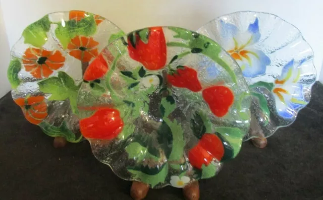 3 Pcs Sydenstricker Fused Glass 6 3/4" Ruffled Bowls Strawberries Iris