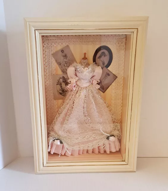 Victorian Shadow Box 3D Diorama Framed Art Pink Dress Roses 13" X 9.5