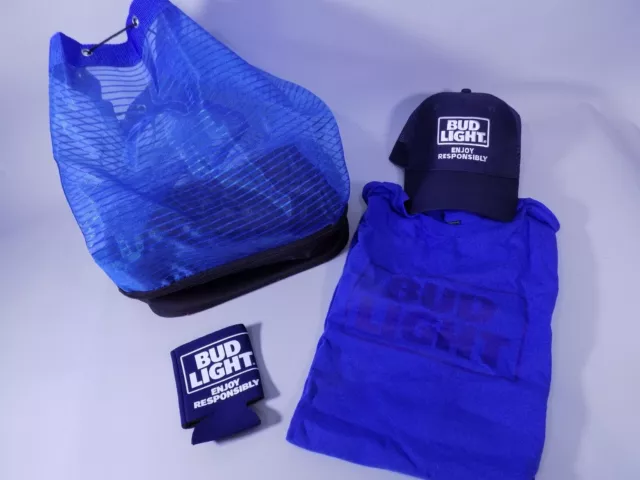 Bud Light Budweiser Blue T shirt L Beer Mens Large NEW Lot Koozie Hat Backpack
