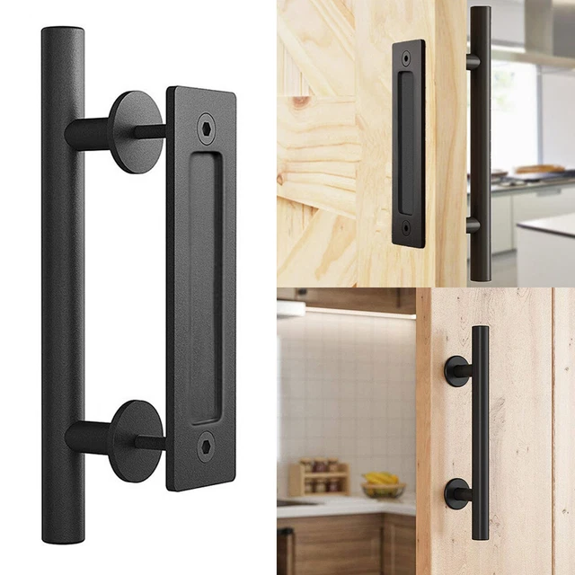 12" Iron Sliding Barn Door Handle Garages Gate Pull and Flush Hardware Set Black
