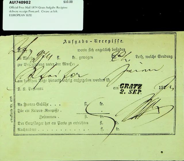 Österreich 1874 Offizielle Gratis Post Gratz Aufgabe Recipisse Lieferung Karte