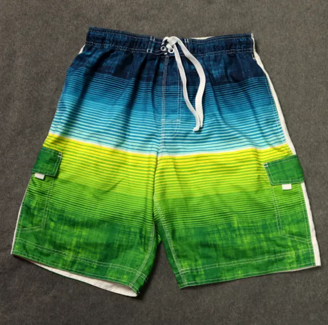 Wave Zone Board Shorts Mesh Lined Swim Trunks Drawstring Blue & Green Stripes L