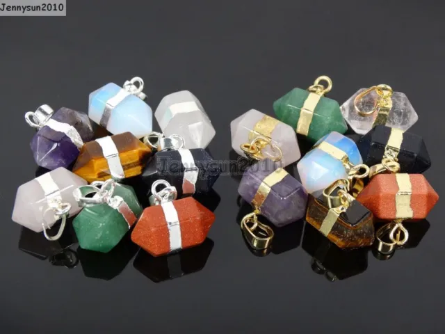 Natural Gemstones Hexagonal Prism Pointed Reiki Chakra Pendant Beads Silver Gold