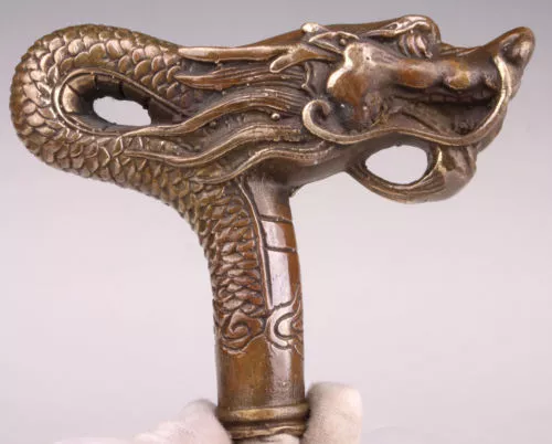 chinese Handmade Bronze Carving Dragon Collect Cane Walking Stick Head Statue