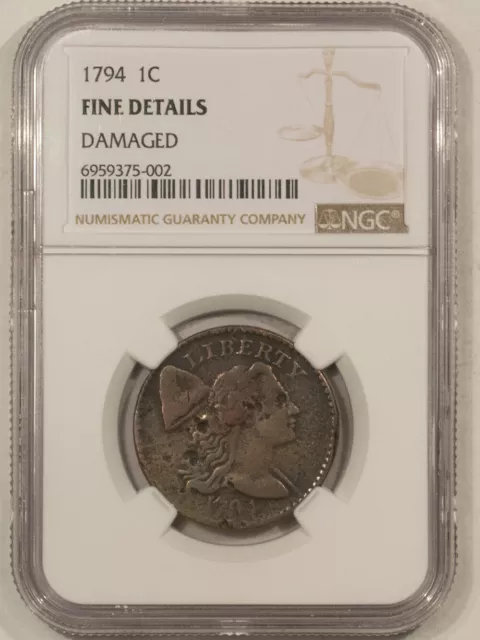 1794 Liberty Cap Flowing Hair Large Cent Head Of 1795, S-55 Ngc Fine Det Damaged