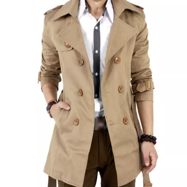 Mens Winter Fit Slim Double Breasted Trench Coat Long Jackets Outwear Tops