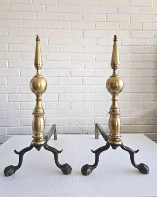 Antique Pair American Federal Brass Steeple Ball Top Andirons late 19th...