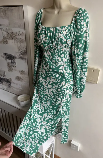 New Beautiful Green Floral Size L 12 Slit Front Midi Dress