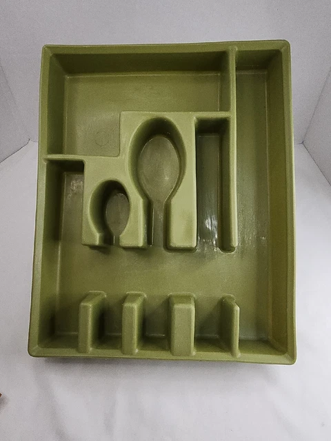 Vintage Avocado Green Silverware Flatware Utensil Holder Tray MCM 10.5" x 13"