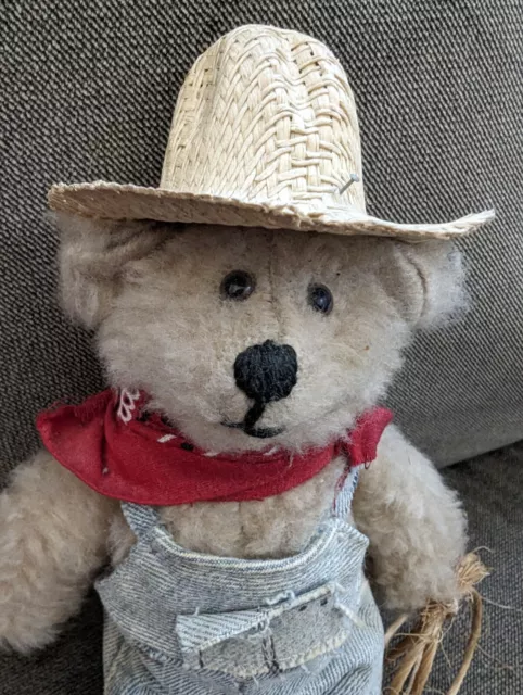 VTG TEDDY BEAR Cowboy Farmer Western Straw Hat Denim Overalls Handmade ...