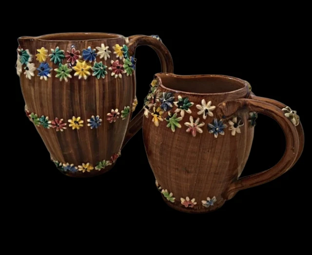 Vintage Italian Jugs 2 Art Wine Rustic 1950 60s Pottery Flowers  Eye catching