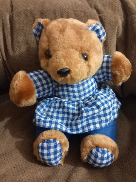 DOUDOU PELUCHE VINTAGE CIAD OURS MARRON BLEU BLANC CARREAUX pampers