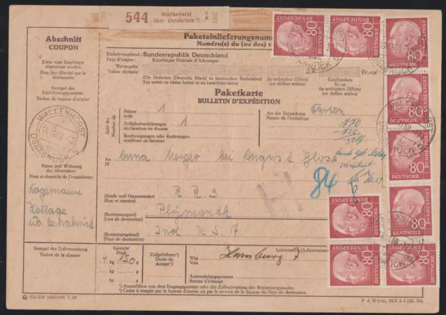 Bund Heuss I, 80Pf, Mi. 192 reine MeF senkr. 4er-Streifen & 2x Paar, Paketkarte