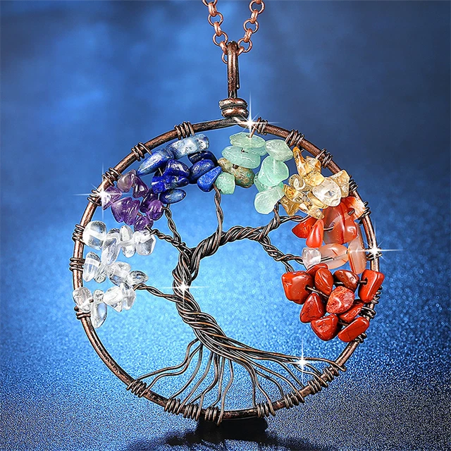 US! Natural Gemstone Tree of Life Pendant Necklace 7 Chakra Healing Crystal x 1