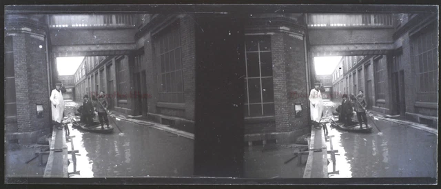 FRANCE Paris Environs Inondations 1910 NEGATIF Photo Stereo Plaque VR12hg3