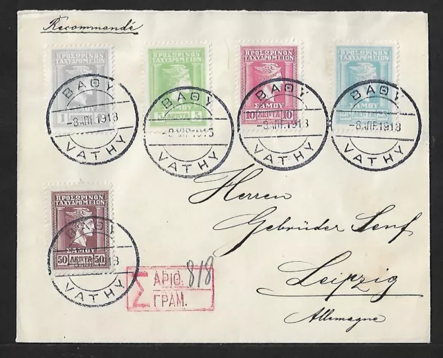 Greece Vathy To Germany Registered Multifranked Cover 1913